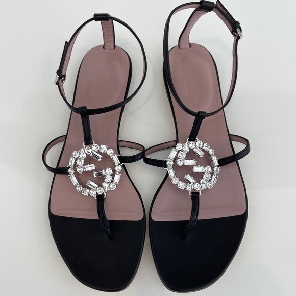 GUCCI BLACK LEATHER CRYSTAL GUCCI SANDALS SIZE IT 37 / US 7 NEW IN BOX! - Picture 10 of 17